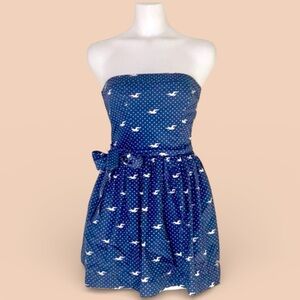 HOLLISTER MEDIUM Navy Strapless Midi Dress White Polka Dots and Seagull Print